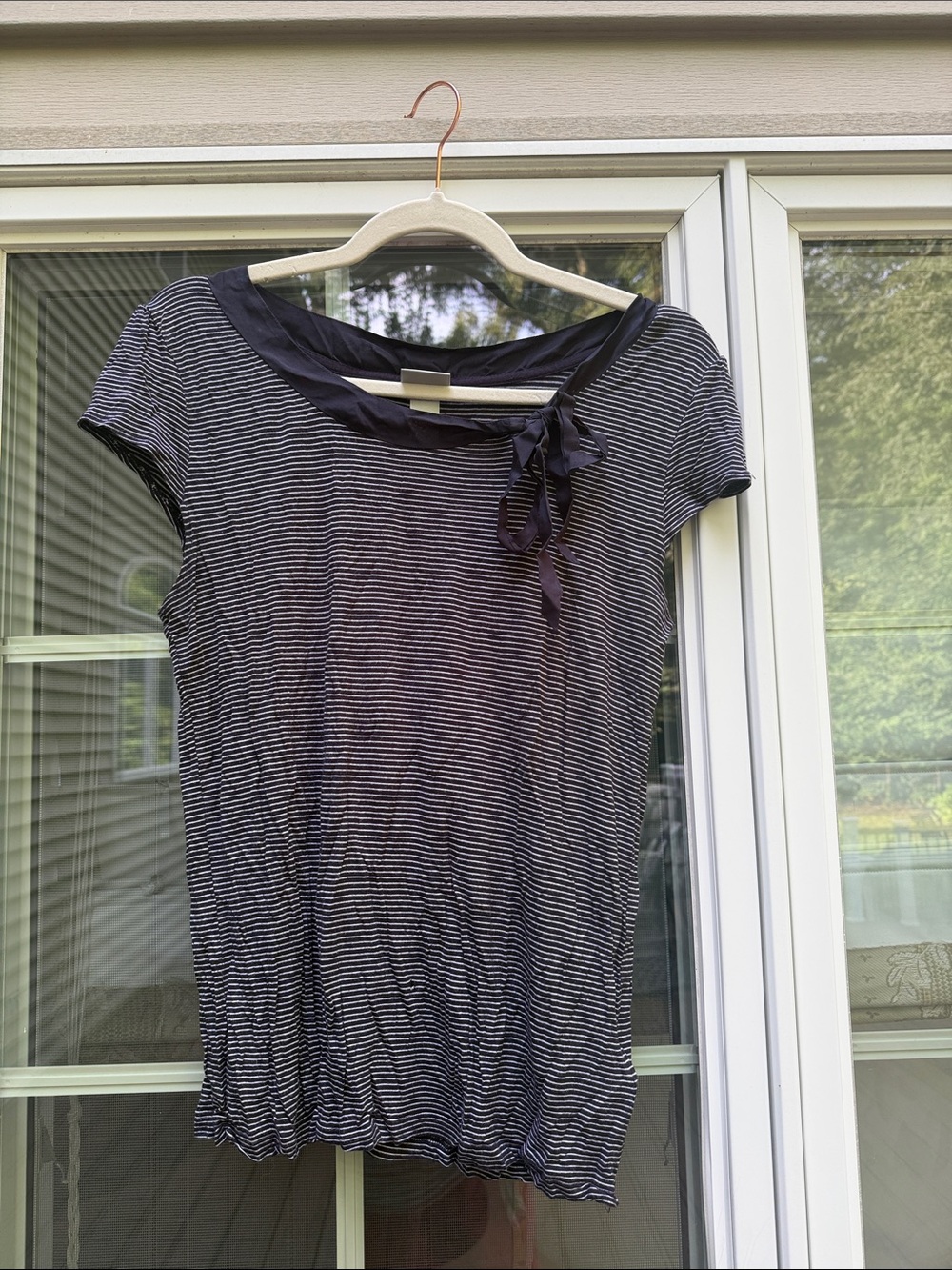 H&M Navy and White Striped Short-Sleeve Top with Neck Tie